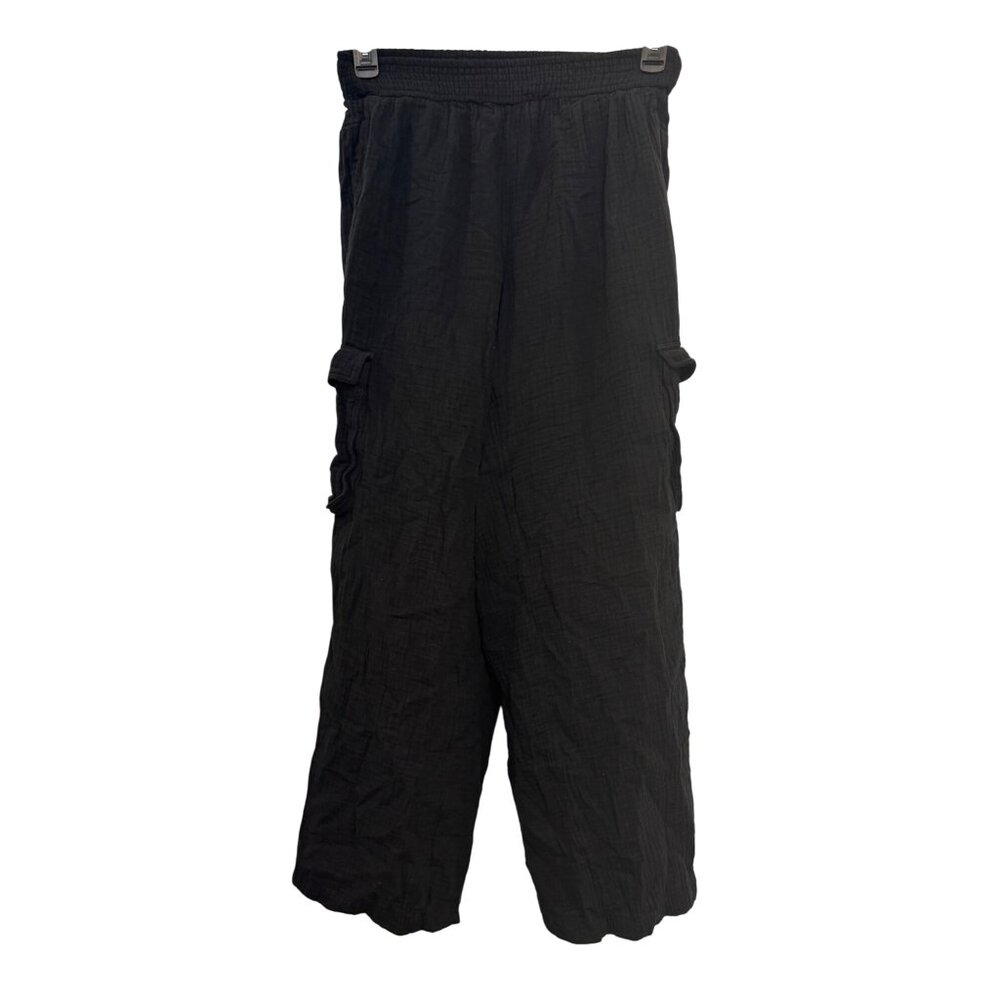 Aerie Cargo Pants Women XS Black Crinkle Textured Elastic Waist Casual Lightweig